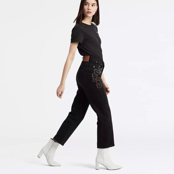 Levi's Ribcage Straight Black Limited Edition Studded Jeans Sz 26 - Picture 8 of 9